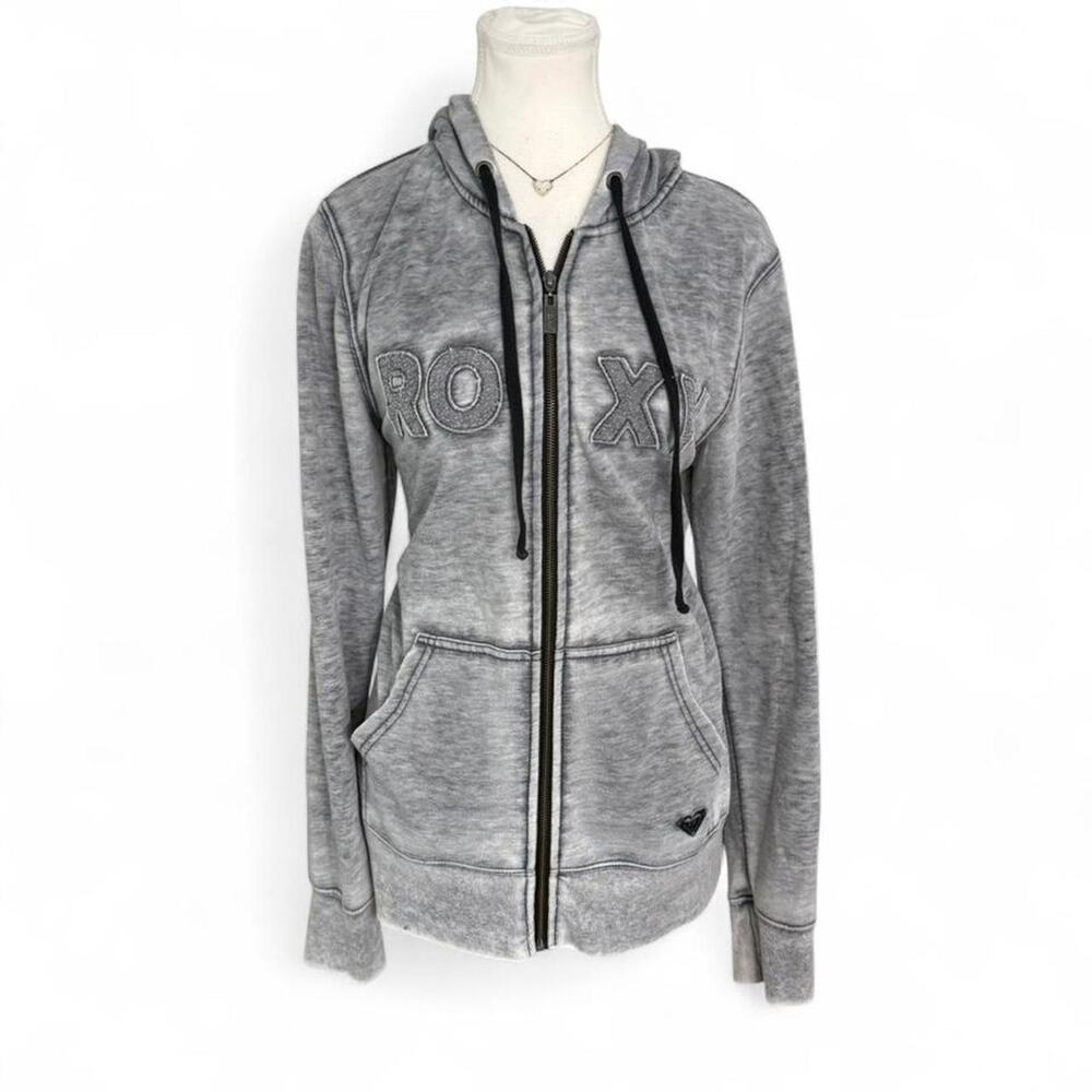 Roxy Y2K Vintage grey zip up hoodie with embroidered patch logo Size L